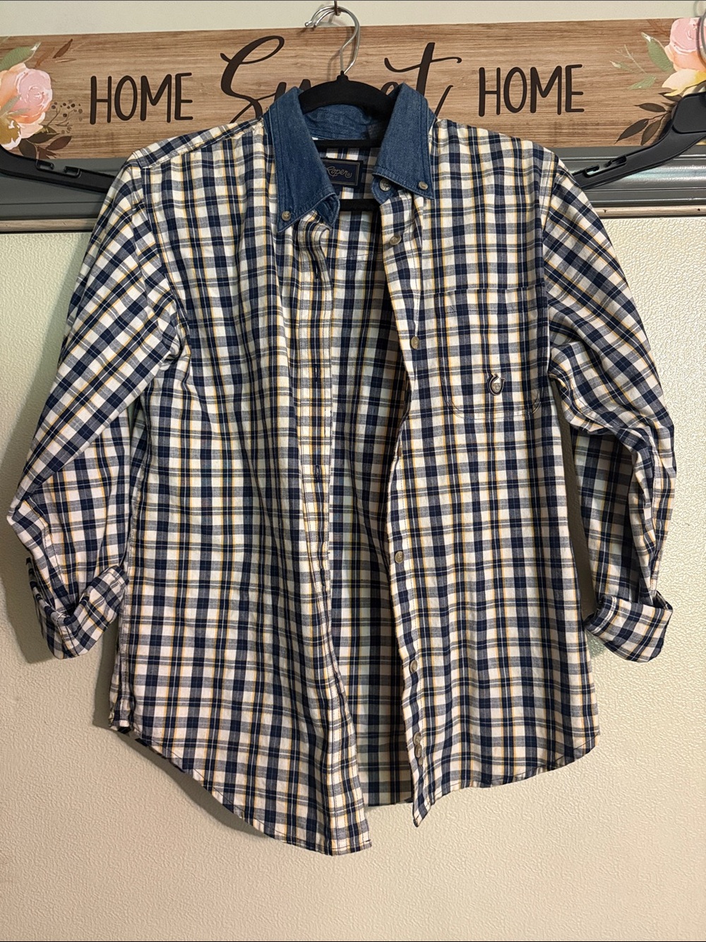 Roper Blue and Cream Plaid Button-Down Shirt with Denim Collar